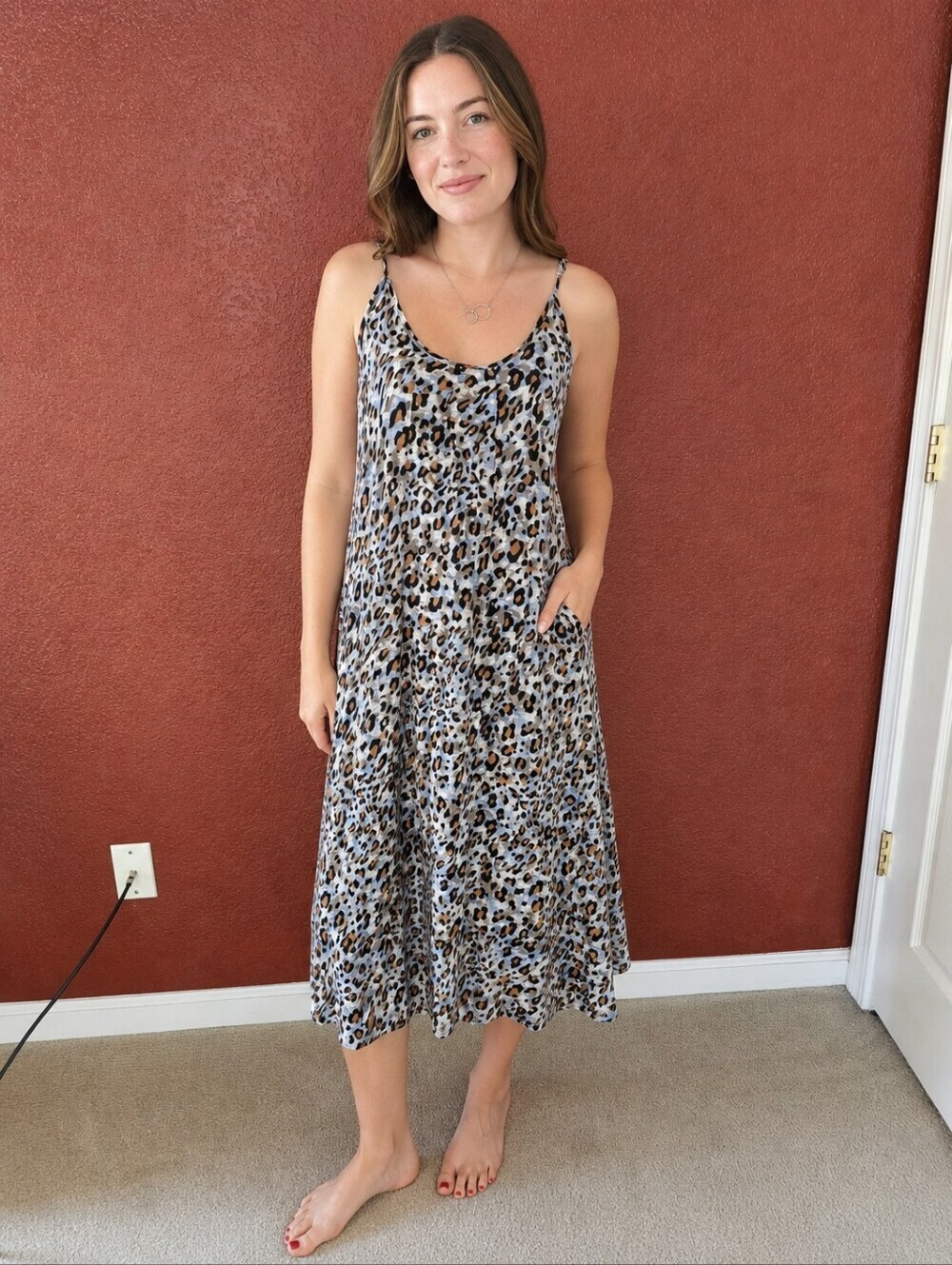 Leopard Print Slip Dress in Taupe, Black & Light Blue